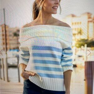Pink Lily Ivory and Blue Striped Off-Shoulder Sweater - Size Small